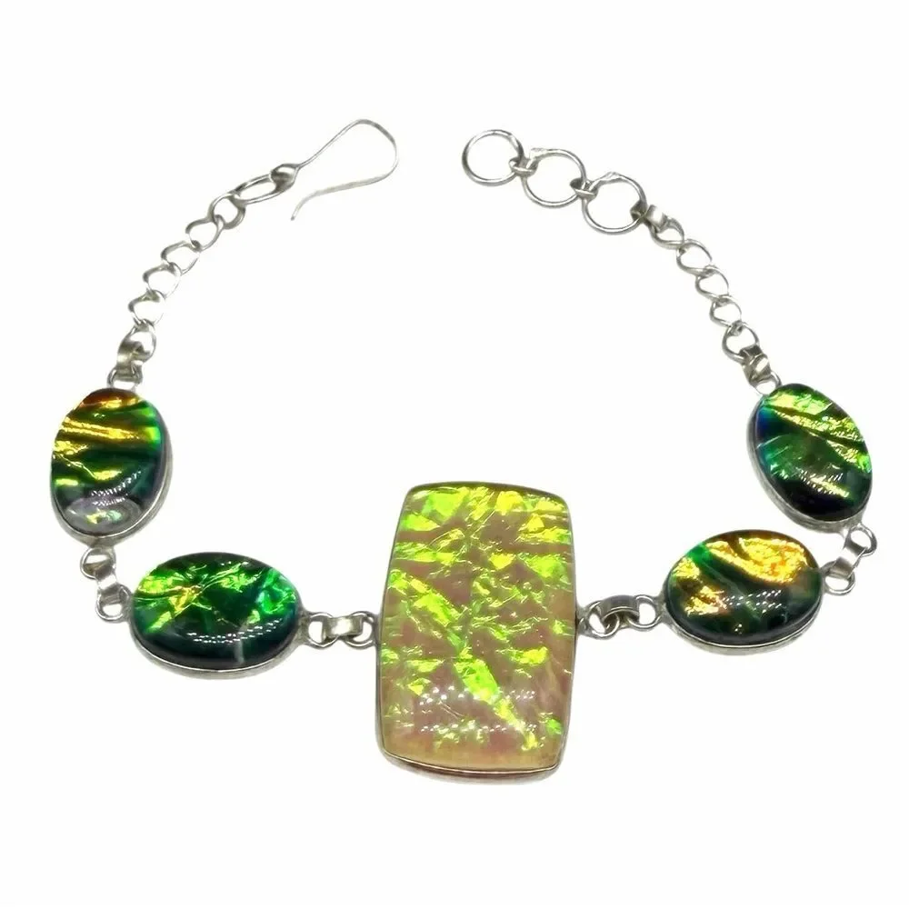 Yellow Triplet Fire Opal Dichroic Glass Bracelet 925 Sterling Silver Overlay